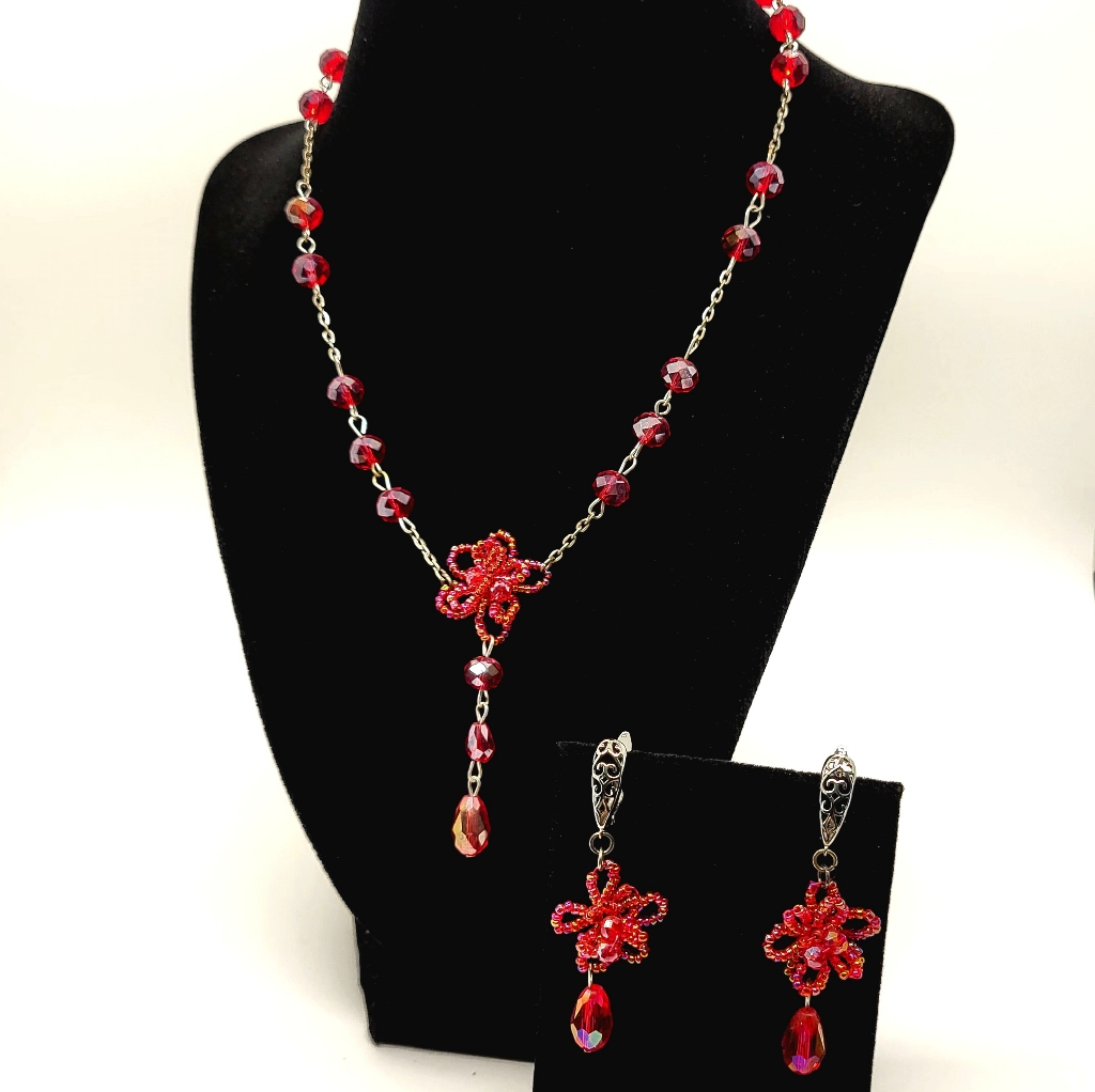 New Elegant Handmade Red Crystal Glass Beaded Necklace And Earring Set
